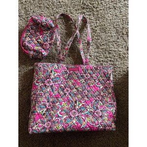 Vera Bradley Sunburst Floral Tote & Makeup Bag Purse Pink Flowers